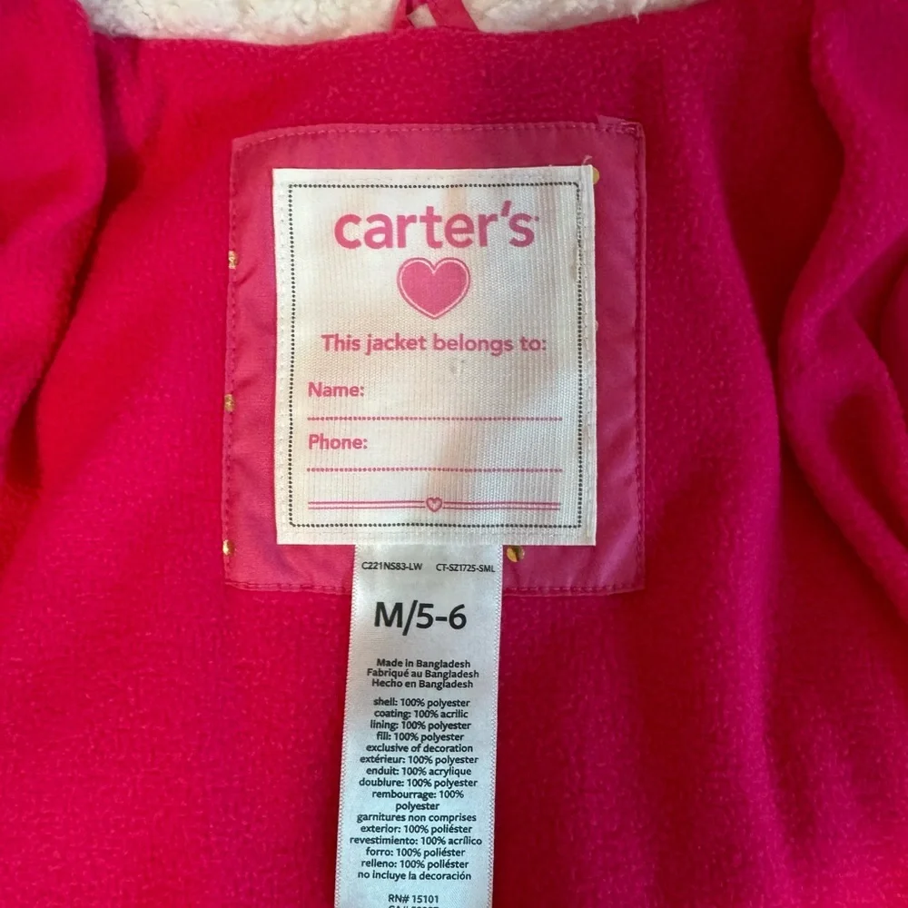 Carter’s Girls Pink Winter Coat & Snow Pants Set Size 5-6 Water-Resistant NWOT